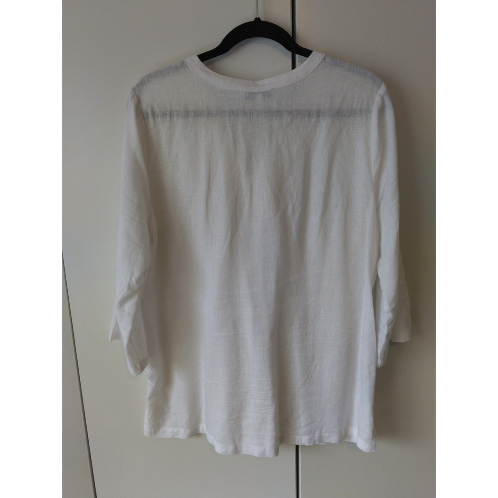 Womens Linen Blend Crochet Detail Tunic Top Size L Coastal Resort Quiet Luxury - Picture 3 of 8